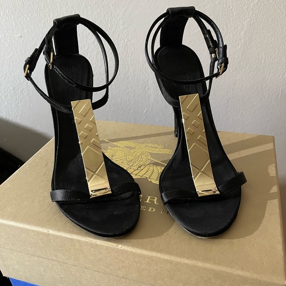 Black Satin with Gold signature hardware sandal heel - Picture 2 of 15